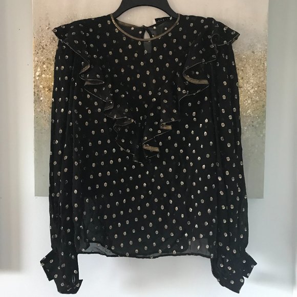 ⚡️SOLD ON KIJIJI⚡️✨HOST PICK✨Sandro Lunea Ruffled Metallic Dot Blouse (NWT) - Picture 5 of 16